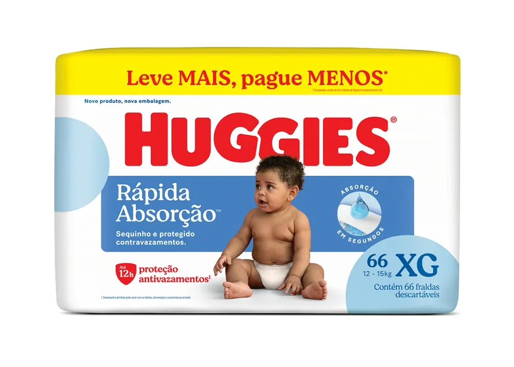 Fralda Huggies Rápida Absorção Tamanho XG com 66 Unidades