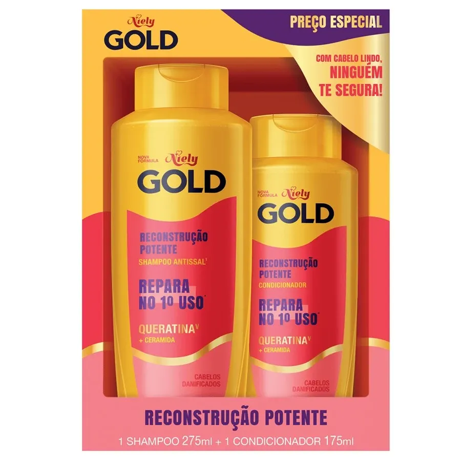 Kit Shampoo 275ml + Condicionador 175ml Niely Gold Reconstrução Potente