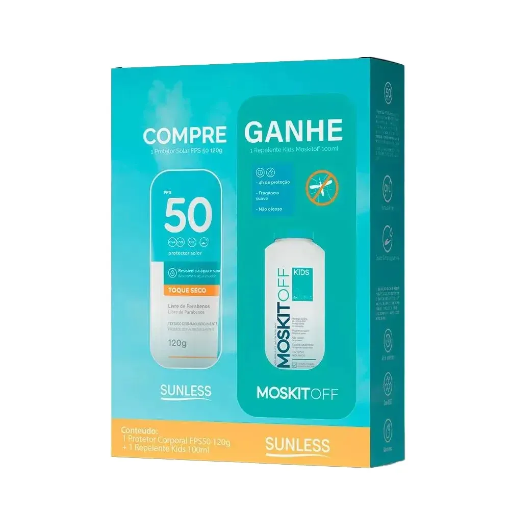 Kit Protetor Solar Sunless Toque Seco FPS50 120g Grátis Repelente Moskit Off Kids com 100ml