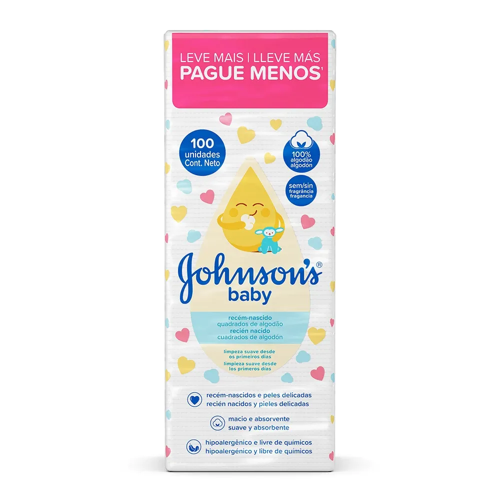Algodão Quadrado Johnson's Baby com 100 Unidades