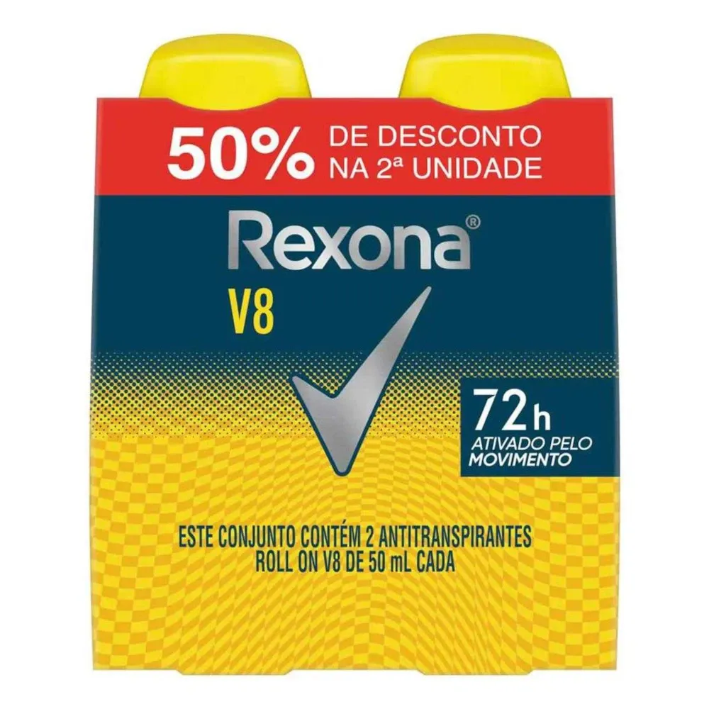 KIT Desodorante Antitranspirante Roll-On Rexona Men V8  com 2 Unidades de 50ml Cada