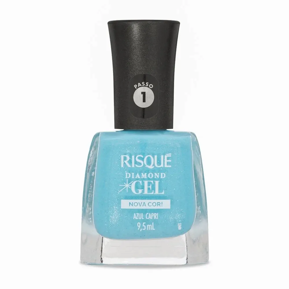 Esmalte Cremoso Risqué Diamond Gel Nova Cor Azul Capri Glitter 9,5ml